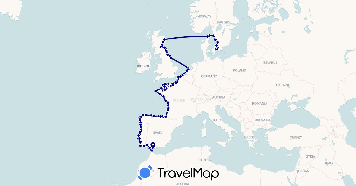 TravelMap itinerary: driving in Belgium, Denmark, Spain, France, United Kingdom, Guernsey, Gibraltar, Jersey, Netherlands, Portugal, Sweden (Europe)